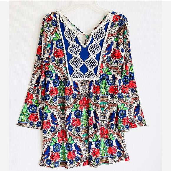 Judith March Bohemian Colorful Bird Floral Bell Sleeve Retro Hippie Tunic Large - Picture 1 of 14